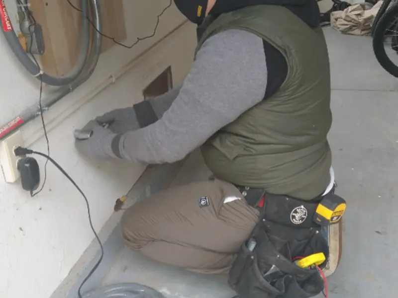 Electrician performing outlet wiring in a Quartz Hill garage